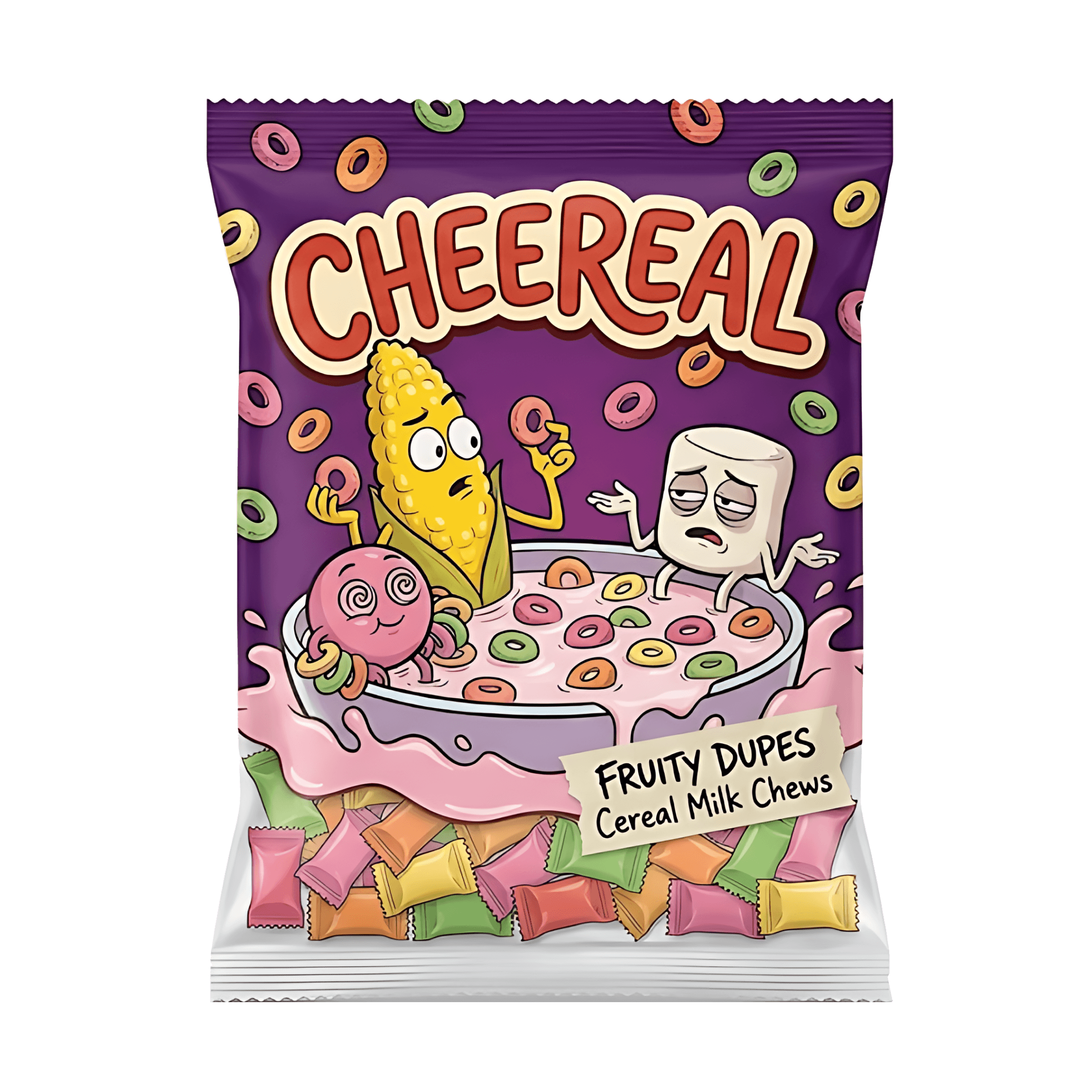 A bag of Fruity Dupes cereal milk chews